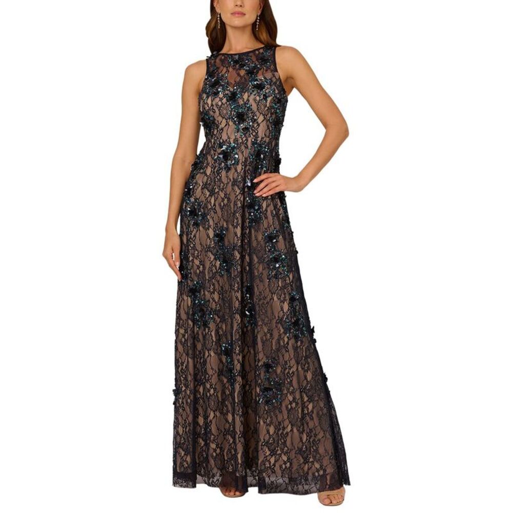 Adrianna Papell Womens  Sleeveless Beaded Lace Long Gown